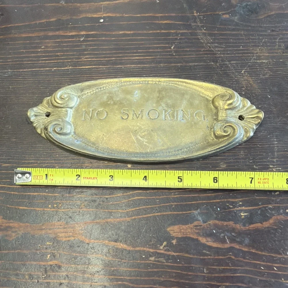 Vintage 1970s Solid Brass No Smoking Sign Plaque Wood Wall Mount Office Library